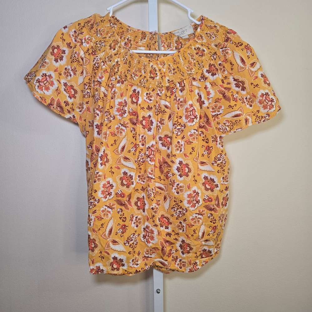 Loft Outlet Womens Yellow Floral Butterfly‎ Smocked Neck Short Sleeve Blouse L